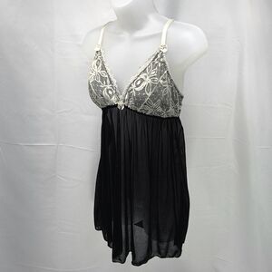 Tart Noir Black & White Lace Babydoll Chemise Lingerie Large Sheer